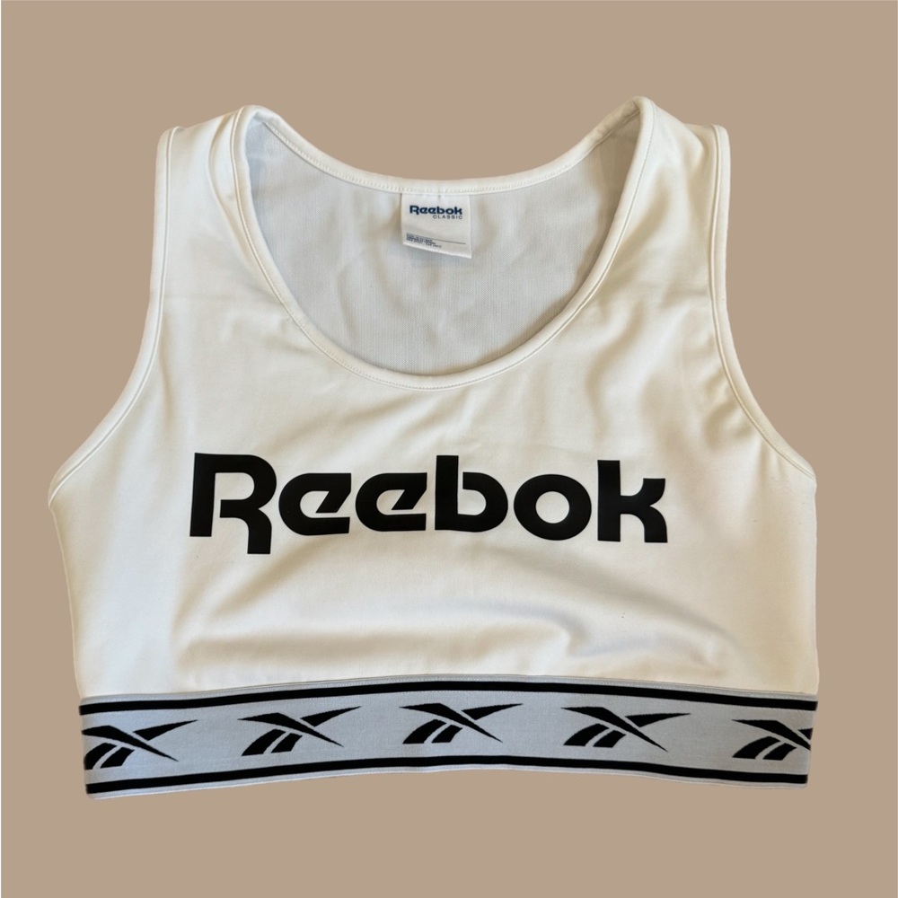 Reebok Classic White Sports Bra M Racerback Logo Stretch Medium Support Gym Top